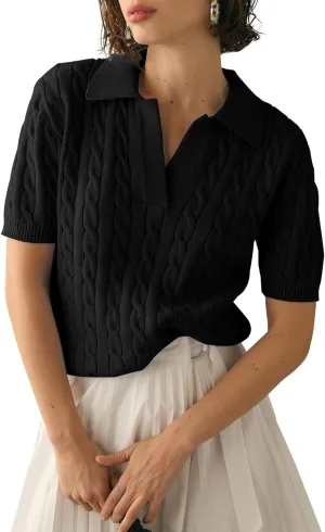 Women's Short Sleeve Pullover Sweaters Casual 2025 Summer Tops Cable Knit Solid Lapel V Neck Sweater