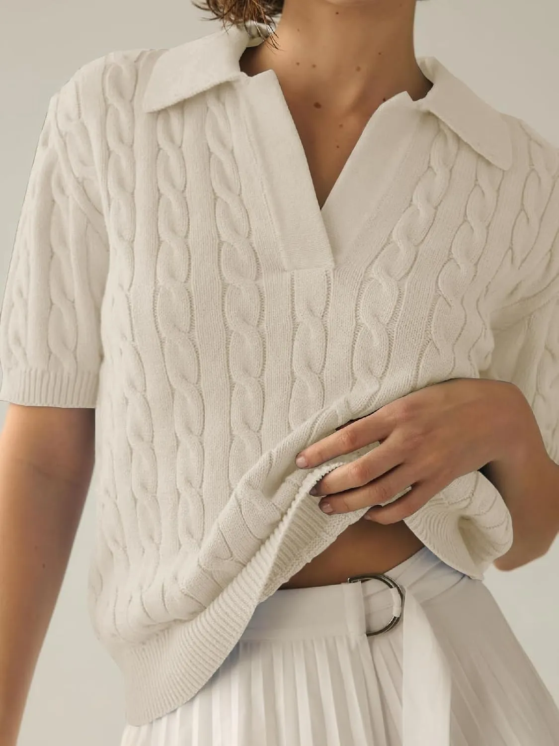 Women's Short Sleeve Pullover Sweaters Casual 2025 Summer Tops Cable Knit Solid Lapel V Neck Sweater