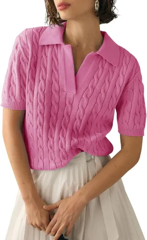 Women's Short Sleeve Pullover Sweaters Casual 2025 Summer Tops Cable Knit Solid Lapel V Neck Sweater