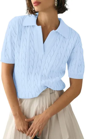 Women's Short Sleeve Pullover Sweaters Casual 2025 Summer Tops Cable Knit Solid Lapel V Neck Sweater