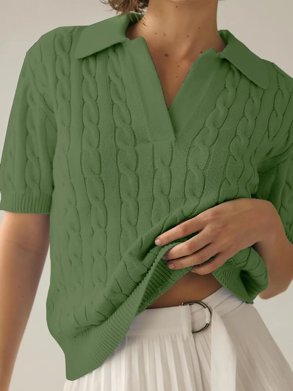 Women's Short Sleeve Pullover Sweaters Casual 2025 Summer Tops Cable Knit Solid Lapel V Neck Sweater