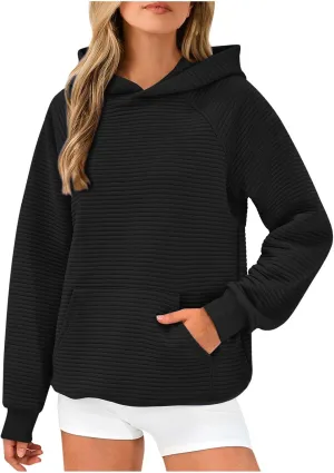 Women's Solid Oversized Hoodies Slub Knit Splicing Sweatshirt Loose Soft Long Sleeve Pullover Tops with Pocket