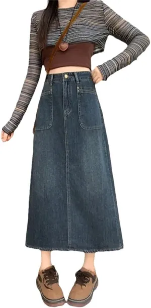 Women's Style Plus Size High-Waisted Slimming Vintage Distressed Denim A Line Side Slit Skirt