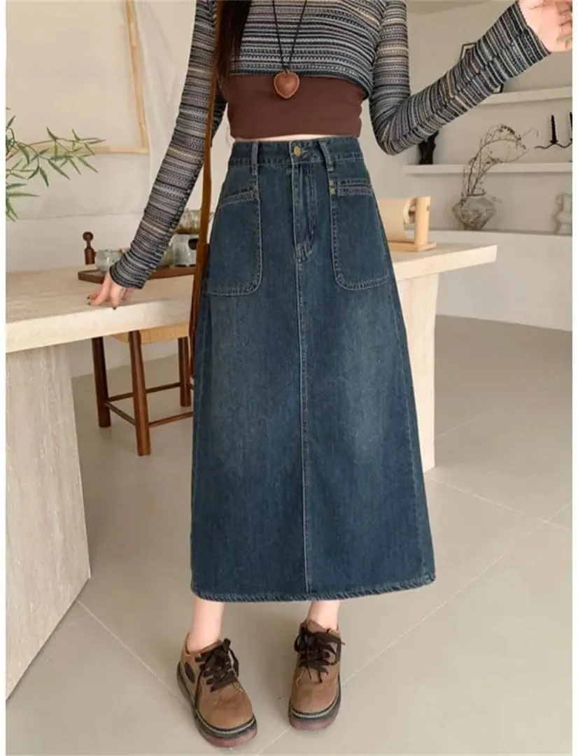 Women's Style Plus Size High-Waisted Slimming Vintage Distressed Denim A Line Side Slit Skirt