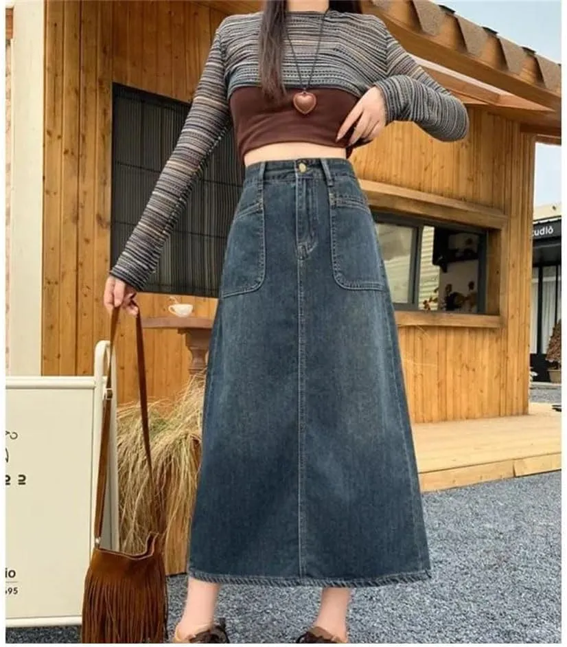 Women's Style Plus Size High-Waisted Slimming Vintage Distressed Denim A Line Side Slit Skirt
