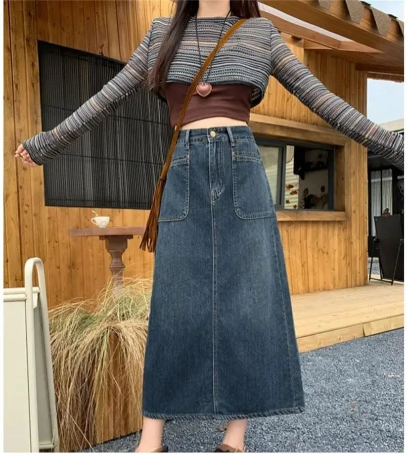 Women's Style Plus Size High-Waisted Slimming Vintage Distressed Denim A Line Side Slit Skirt