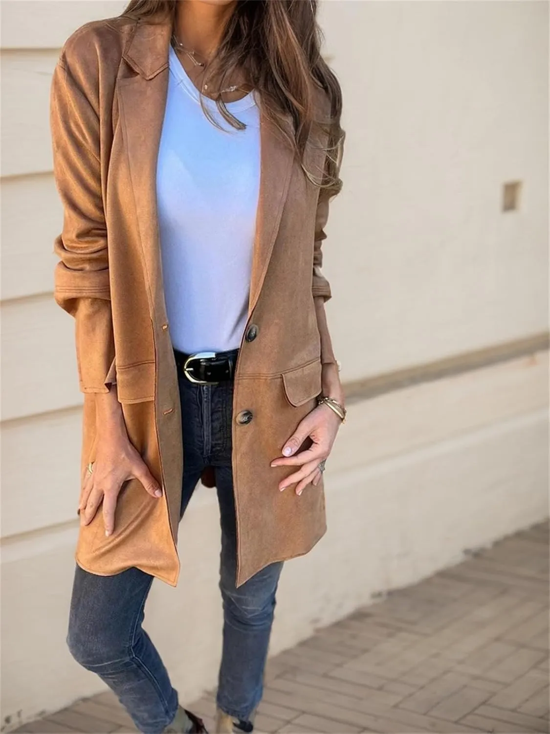 Womens Suede Blazer Button up Business Long Jackets Notched Lapel Faux Leather Trench Overcoats Pea Coats Winter Suit Outwear