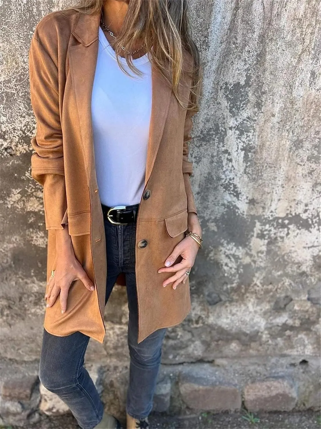 Womens Suede Blazer Button up Business Long Jackets Notched Lapel Faux Leather Trench Overcoats Pea Coats Winter Suit Outwear