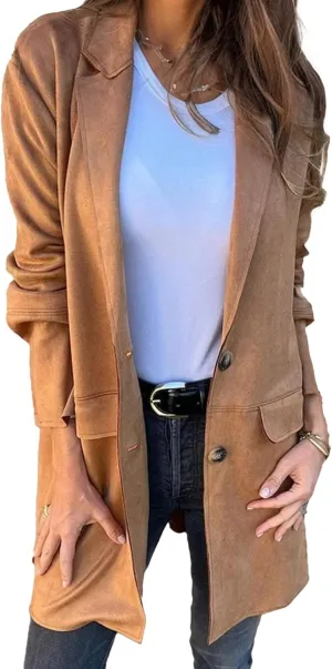 Womens Suede Blazer Button up Business Long Jackets Notched Lapel Faux Leather Trench Overcoats Pea Coats Winter Suit Outwear