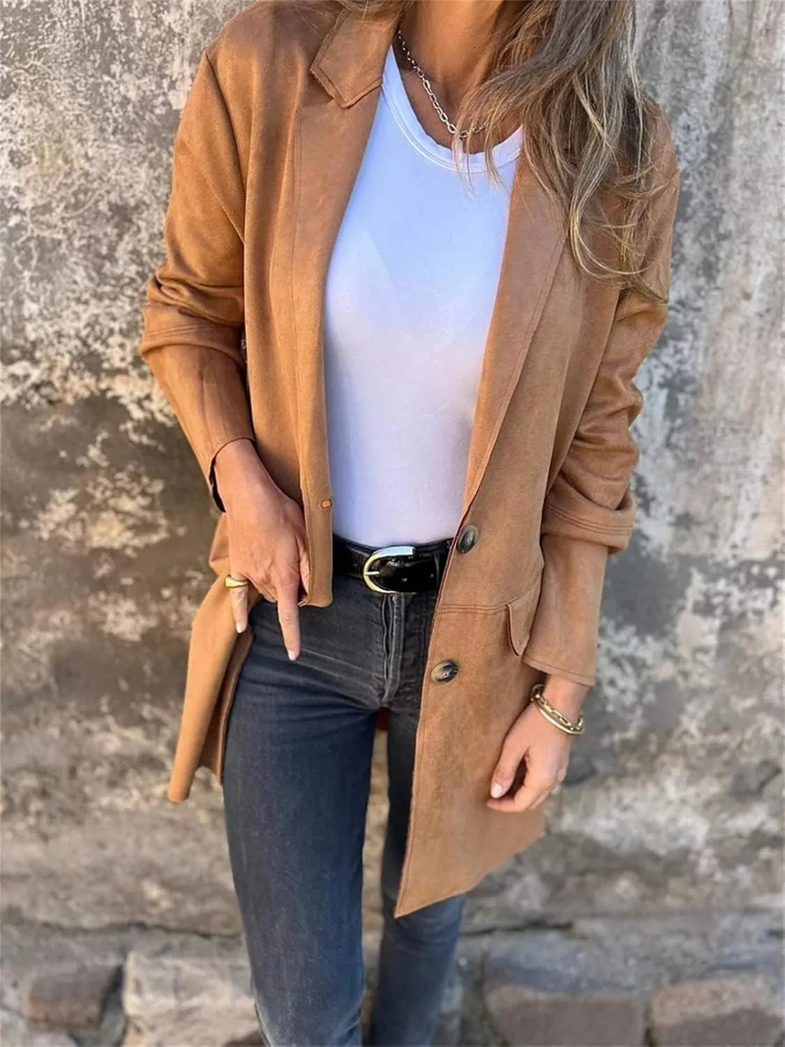 Womens Suede Blazer Button up Business Long Jackets Notched Lapel Faux Leather Trench Overcoats Pea Coats Winter Suit Outwear