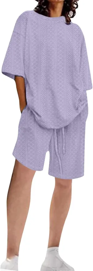 Womens Summer Beach Vacation Outfits 2024 2 Piece Short Set Oversized Tshirt Bermuda Shorts Matching Lounge Sets