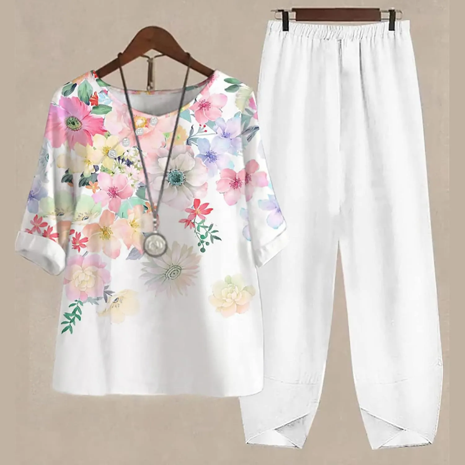 Womens Summer Linen Sets 2 Piece Lounge Sets Half Sleeve T Shirts with Cotton Linen Pants Plus Size Vacation Outfits