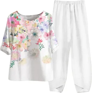 Womens Summer Linen Sets 2 Piece Lounge Sets Half Sleeve T Shirts with Cotton Linen Pants Plus Size Vacation Outfits