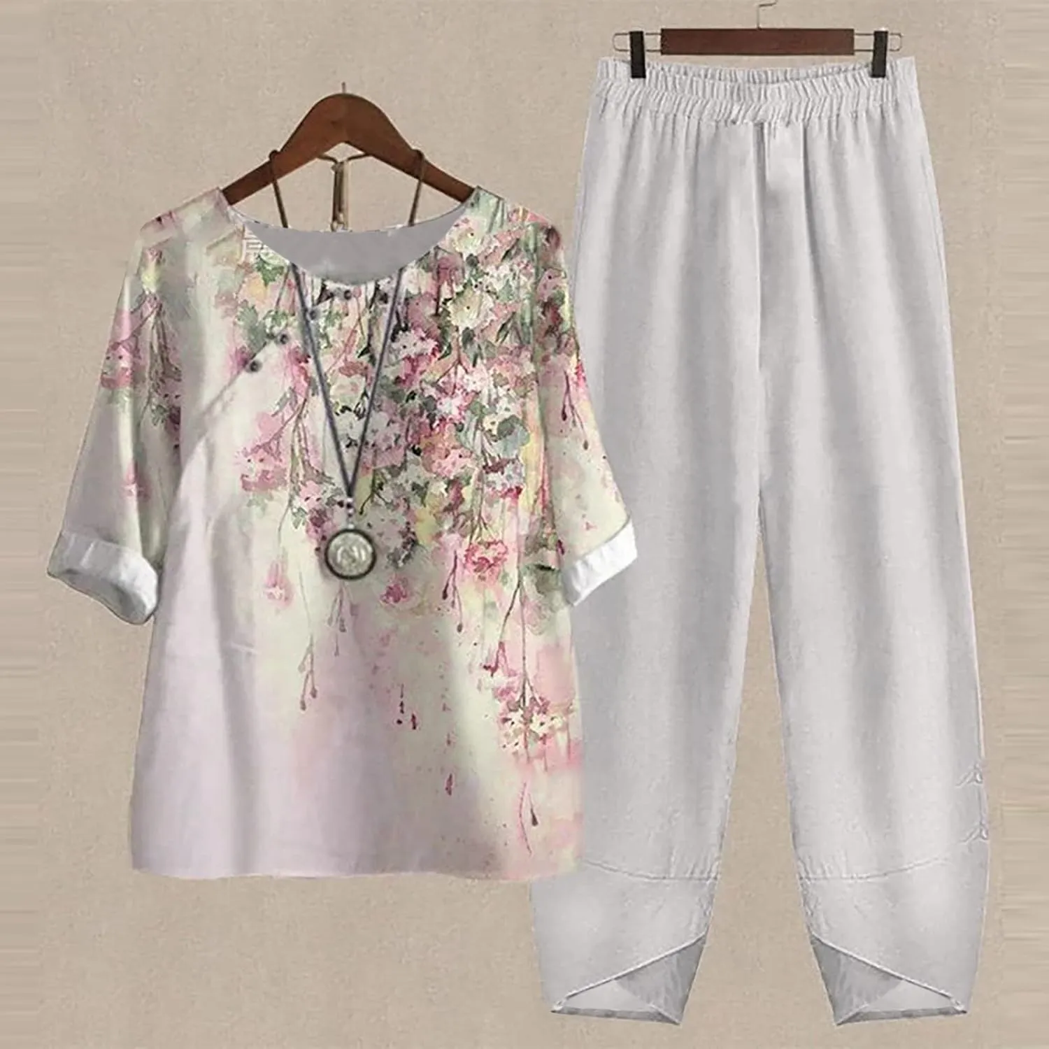 Womens Summer Linen Sets 2 Piece Lounge Sets Half Sleeve T Shirts with Cotton Linen Pants Plus Size Vacation Outfits