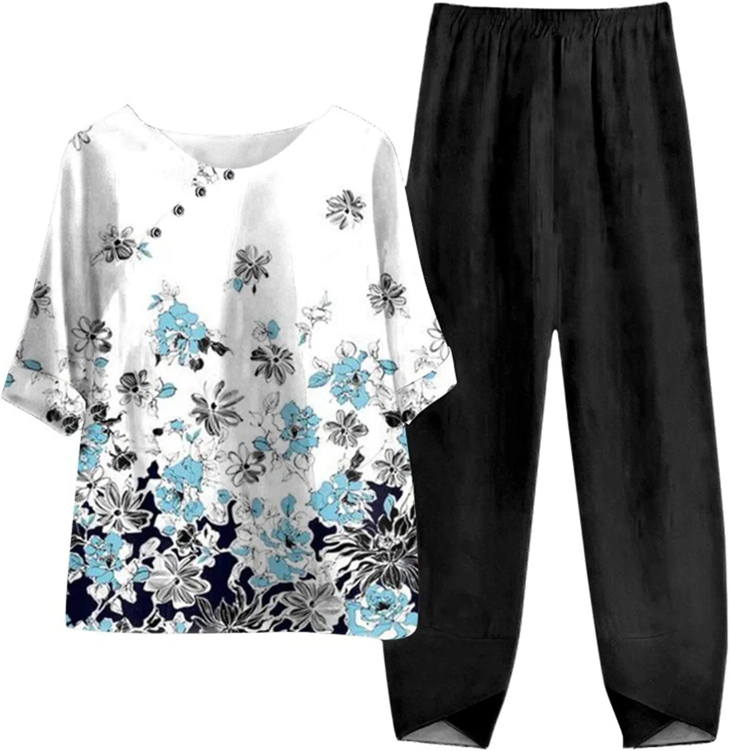 Womens Summer Linen Sets 2 Piece Lounge Sets Half Sleeve T Shirts with Cotton Linen Pants Plus Size Vacation Outfits