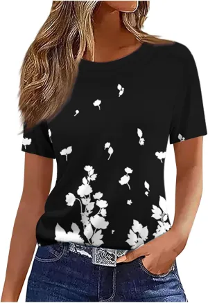 Womens Summer Tops 2025 Crew Neck Short Sleeve T Shirts Dressy Casual Blouses Cute Printed Tees Loose Trendy Outfits