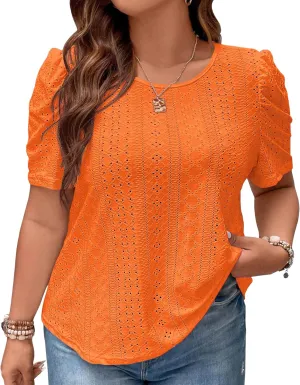 Womens Tshirts Plus Size Crewneck Loose Fit Casual Blouses Fashion Tops Cute Eyelet Embroidery Tees 2025 Summer Trendy Clothes,Orange,3XL