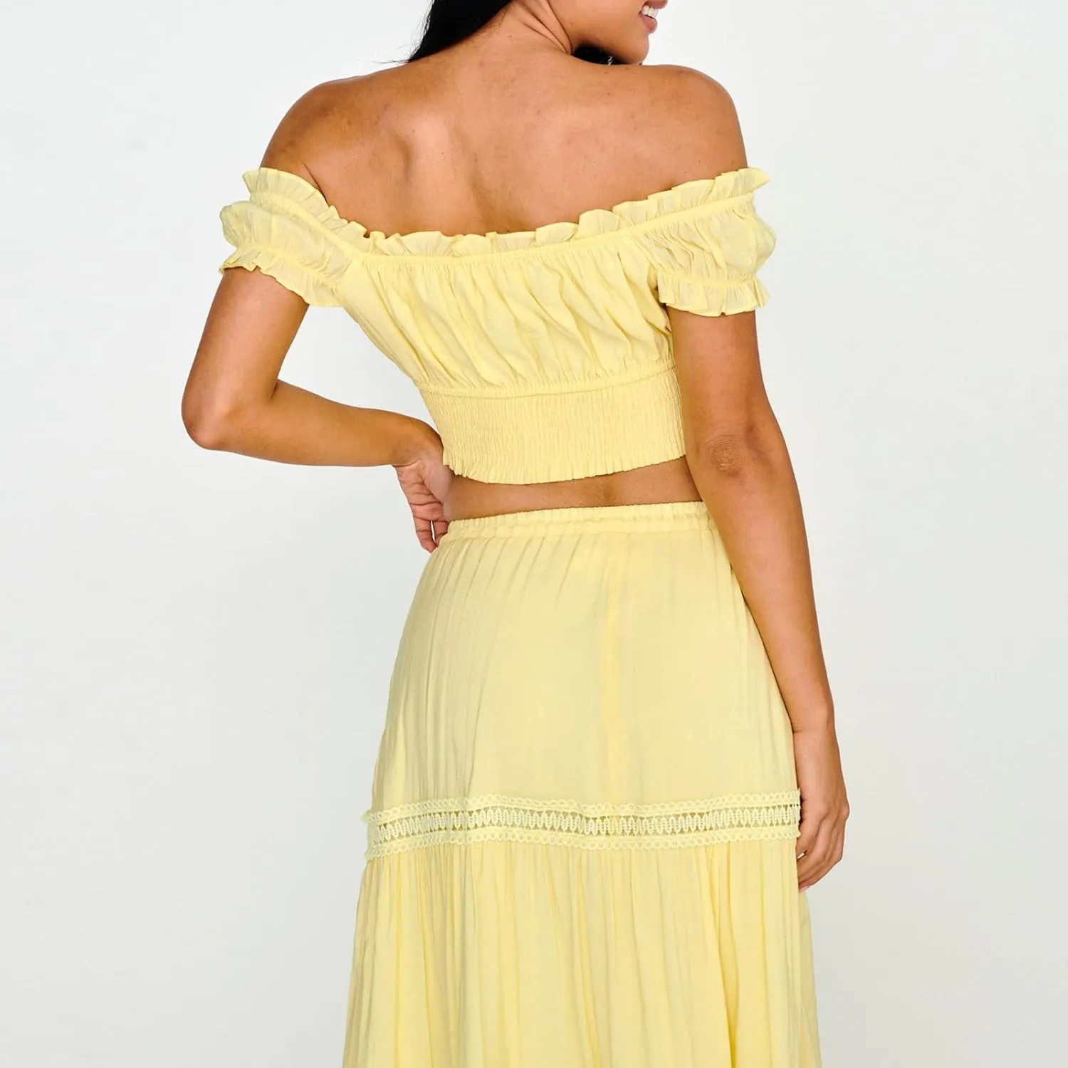 Womens Two Piece Skirt Sets Summer Off Shoulder Frill Trim Beach Crop Tops and Long Skirt Going Out Outfit