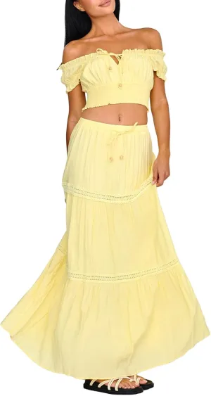 Womens Two Piece Skirt Sets Summer Off Shoulder Frill Trim Beach Crop Tops and Long Skirt Going Out Outfit