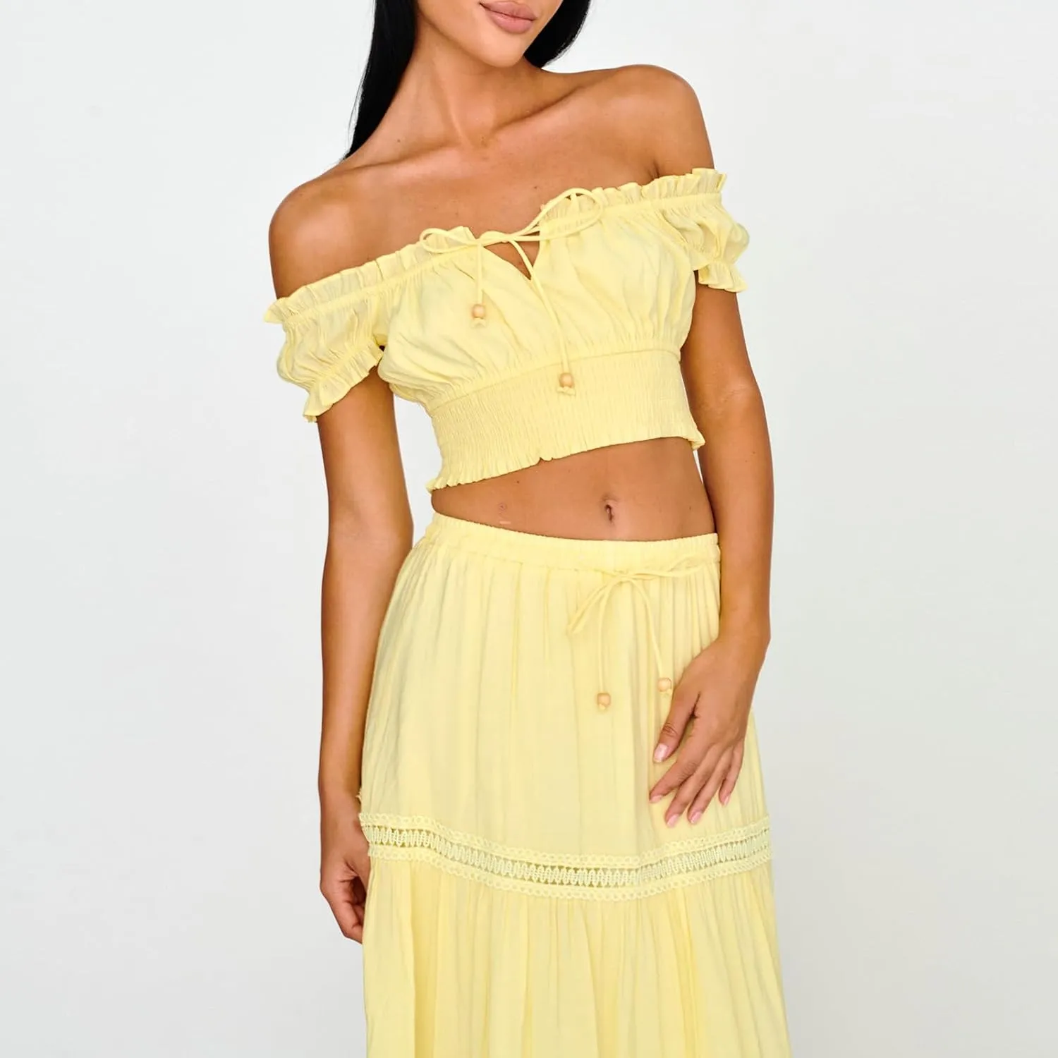 Womens Two Piece Skirt Sets Summer Off Shoulder Frill Trim Beach Crop Tops and Long Skirt Going Out Outfit