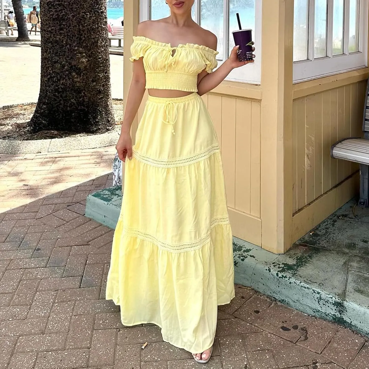 Womens Two Piece Skirt Sets Summer Off Shoulder Frill Trim Beach Crop Tops and Long Skirt Going Out Outfit