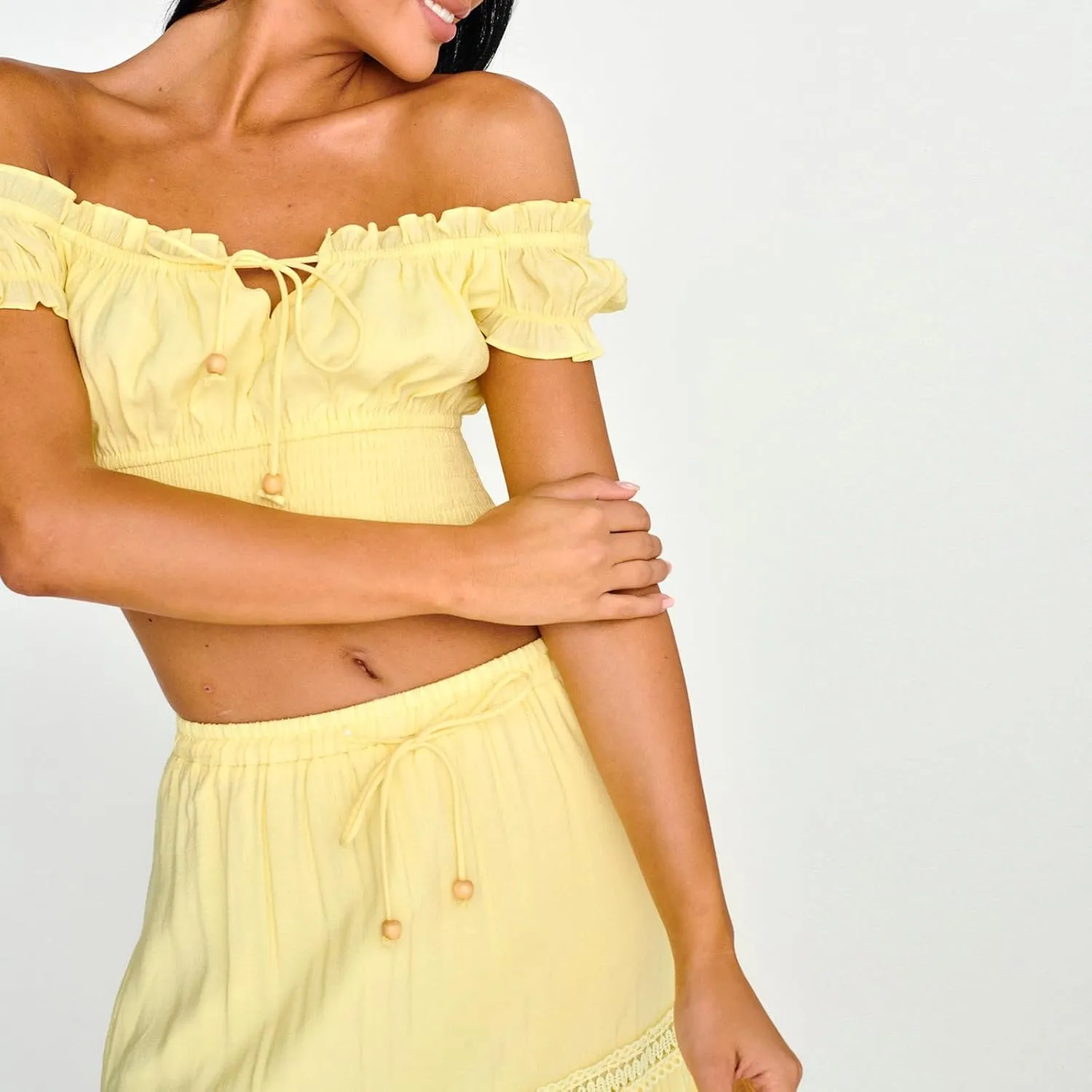 Womens Two Piece Skirt Sets Summer Off Shoulder Frill Trim Beach Crop Tops and Long Skirt Going Out Outfit