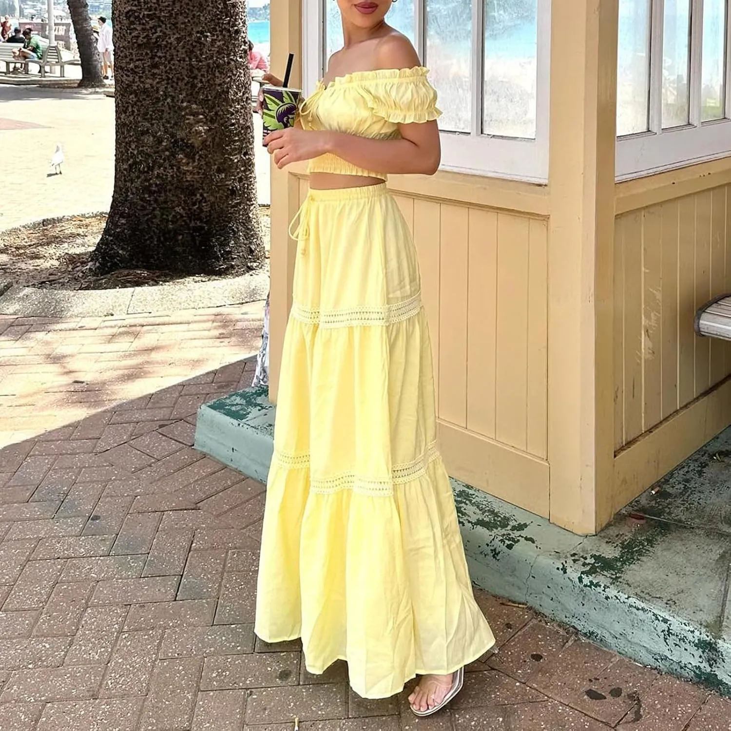 Womens Two Piece Skirt Sets Summer Off Shoulder Frill Trim Beach Crop Tops and Long Skirt Going Out Outfit