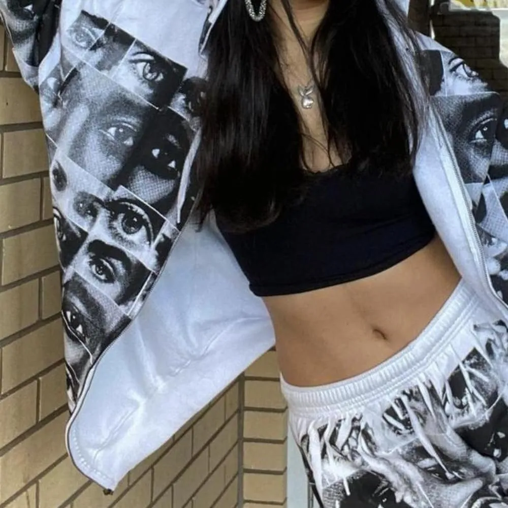 Women's Vintage Graphic Print Oversized Hoodies Graphic Zip Up Hoodie Long Sleeve Sweatshirt Y2K Hip-pop Jackets