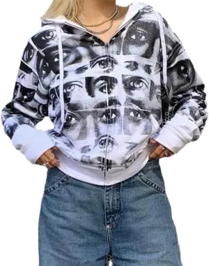 Women's Vintage Graphic Print Oversized Hoodies Graphic Zip Up Hoodie Long Sleeve Sweatshirt Y2K Hip-pop Jackets