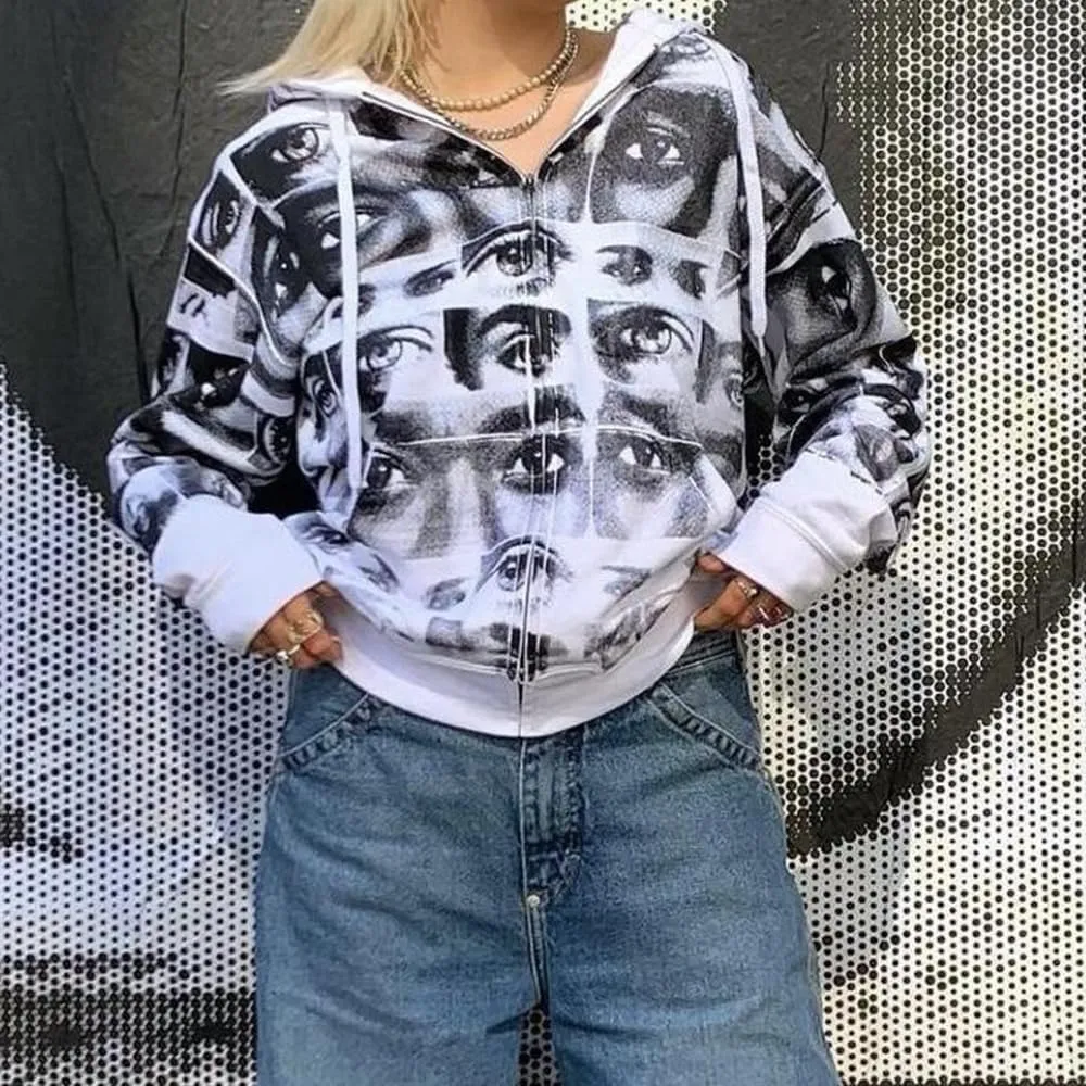 Women's Vintage Graphic Print Oversized Hoodies Graphic Zip Up Hoodie Long Sleeve Sweatshirt Y2K Hip-pop Jackets