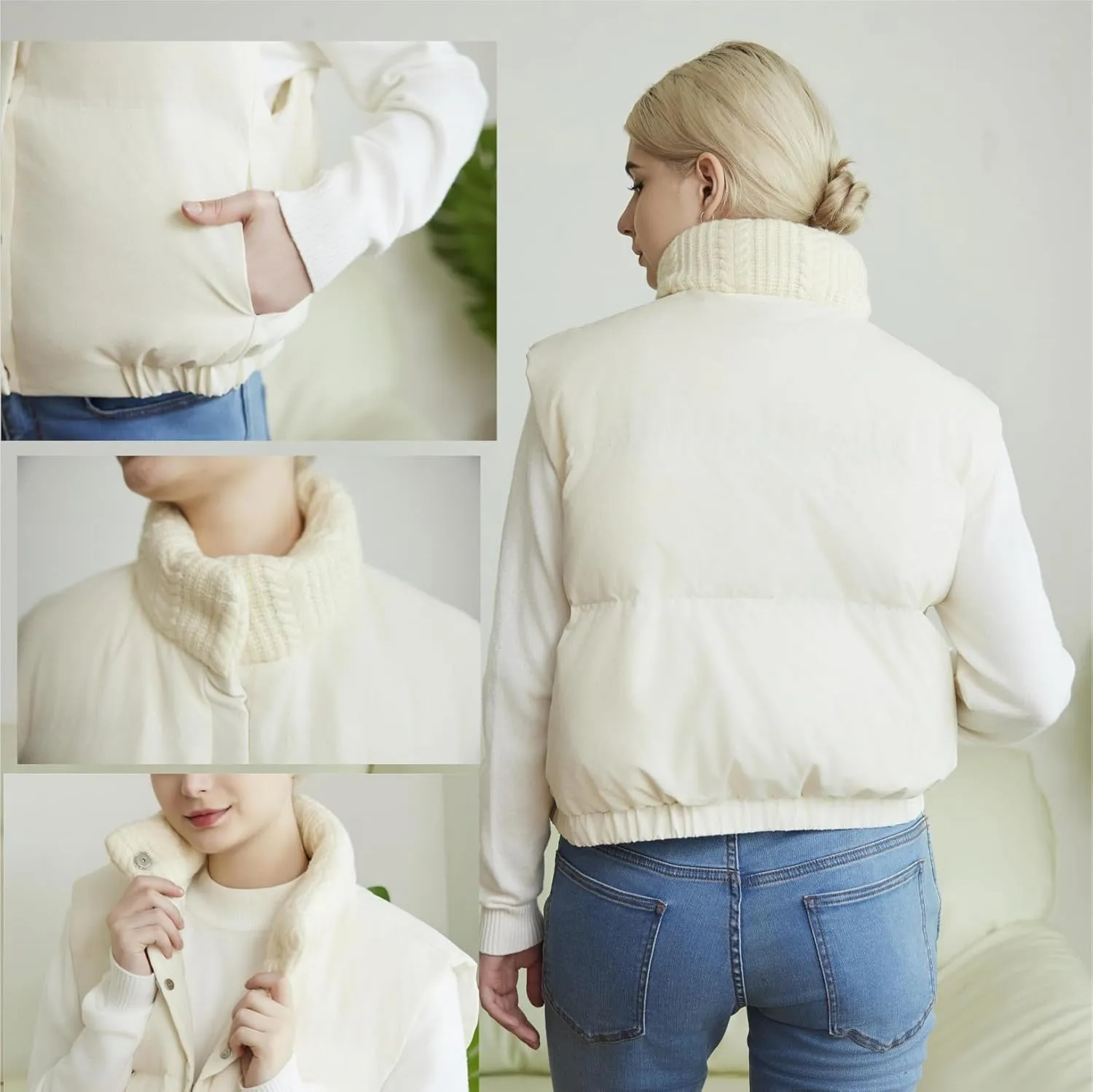 Women's Winter Outerwear Vests Crop Puffer Vest Lightweight Sleeveless Padded High Stand Collar Jacket