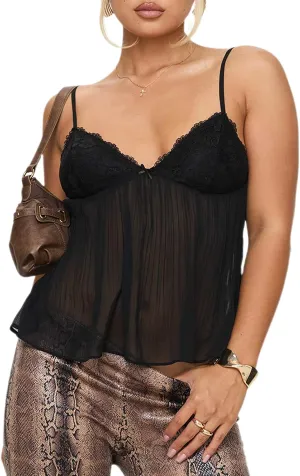 Womens Y2k Crop Tank Top Spaghetti Strap Deep V Neck Tie Front Camisole Sleeveless Ruched Ruffle Cami Shirts