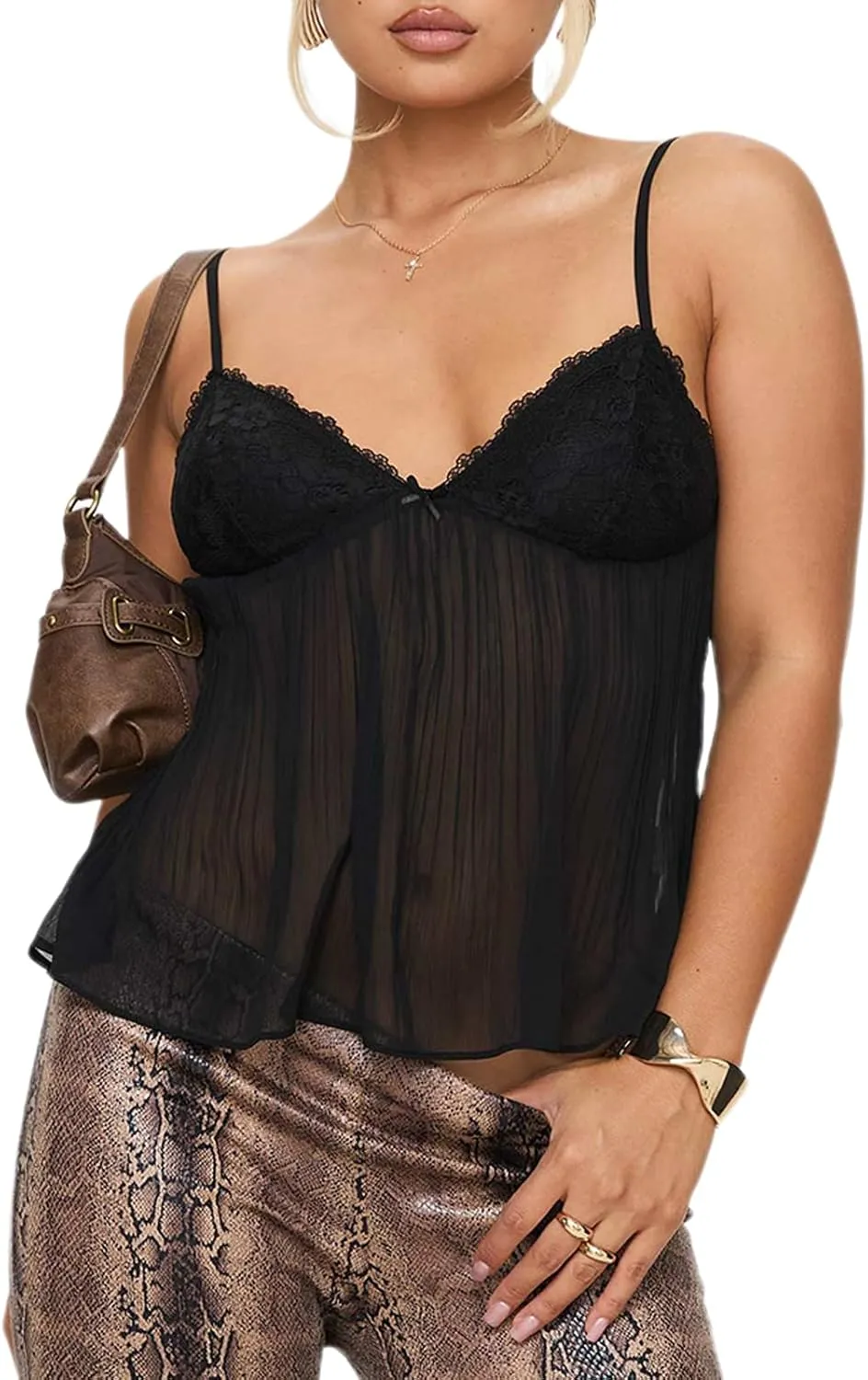 Womens Y2k Crop Tank Top Spaghetti Strap Deep V Neck Tie Front Camisole Sleeveless Ruched Ruffle Cami Shirts