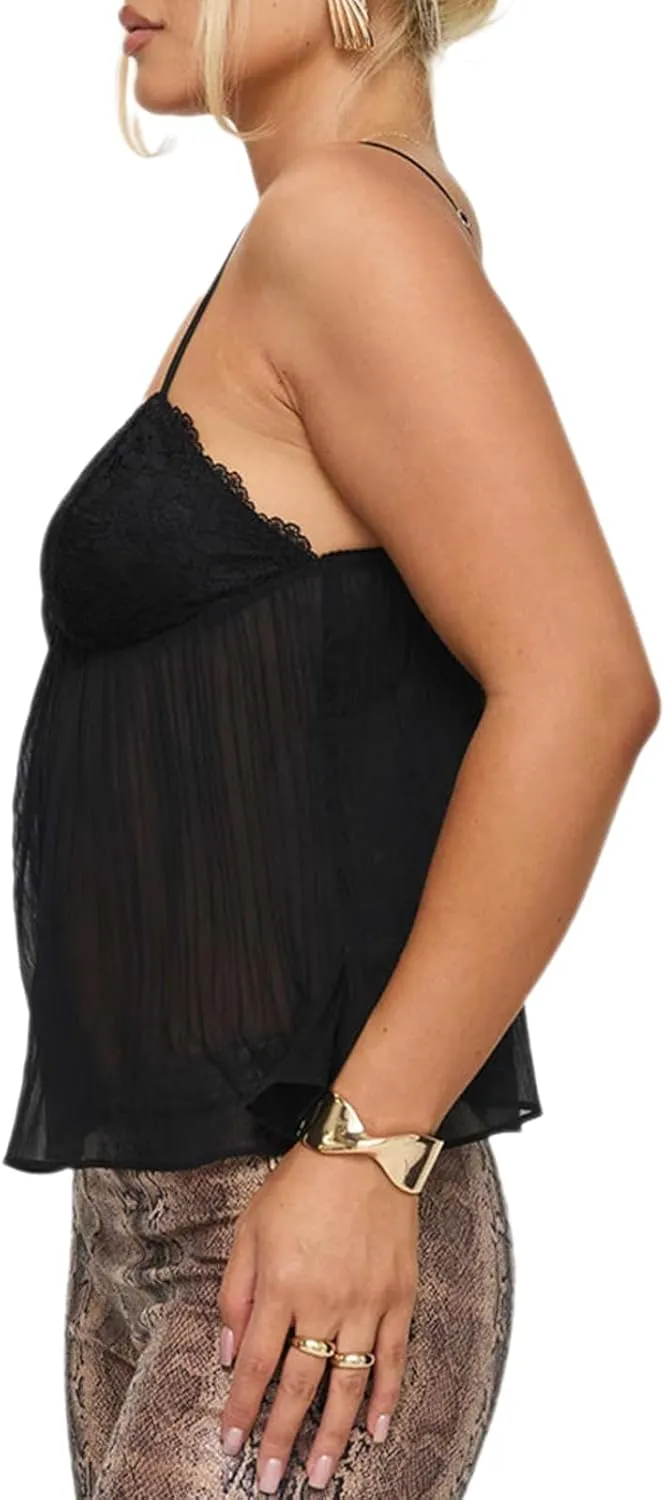 Womens Y2k Crop Tank Top Spaghetti Strap Deep V Neck Tie Front Camisole Sleeveless Ruched Ruffle Cami Shirts