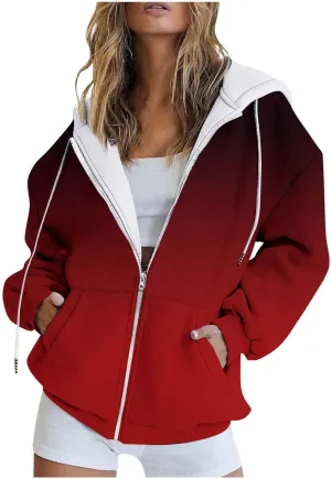 Womens Zip Up Hoodies Long Sleeve Oversized Gradient Sweatshirts Lightweight Y2K Jacket Pockets Fall Outfits Fashion Clothes