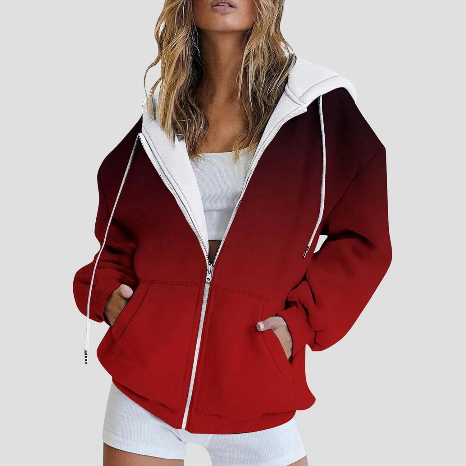 Womens Zip Up Hoodies Long Sleeve Oversized Gradient Sweatshirts Lightweight Y2K Jacket Pockets Fall Outfits Fashion Clothes