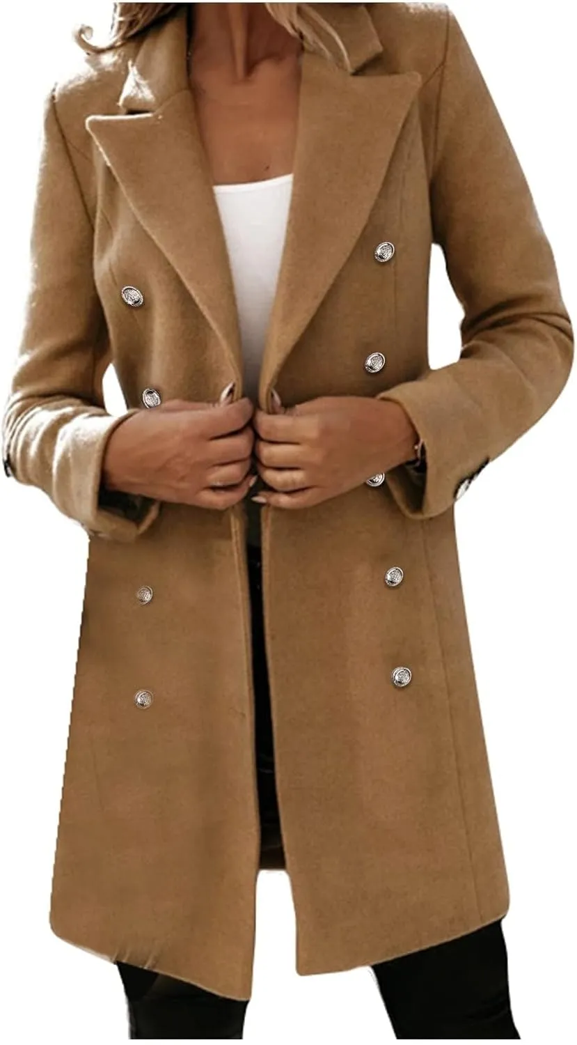 Wool Trench Coat Women Double Breasted Pea Coat Casual Long Sleeve Blazer Notch Collar Jacket Fall Winter Overcoat
