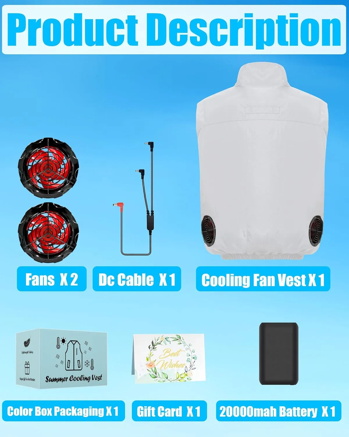 Work Cooling Vest Jacket with 2 Fans - Men and Women 21V Air Conditioner Lightweight Vests, With 20000mAh Battery