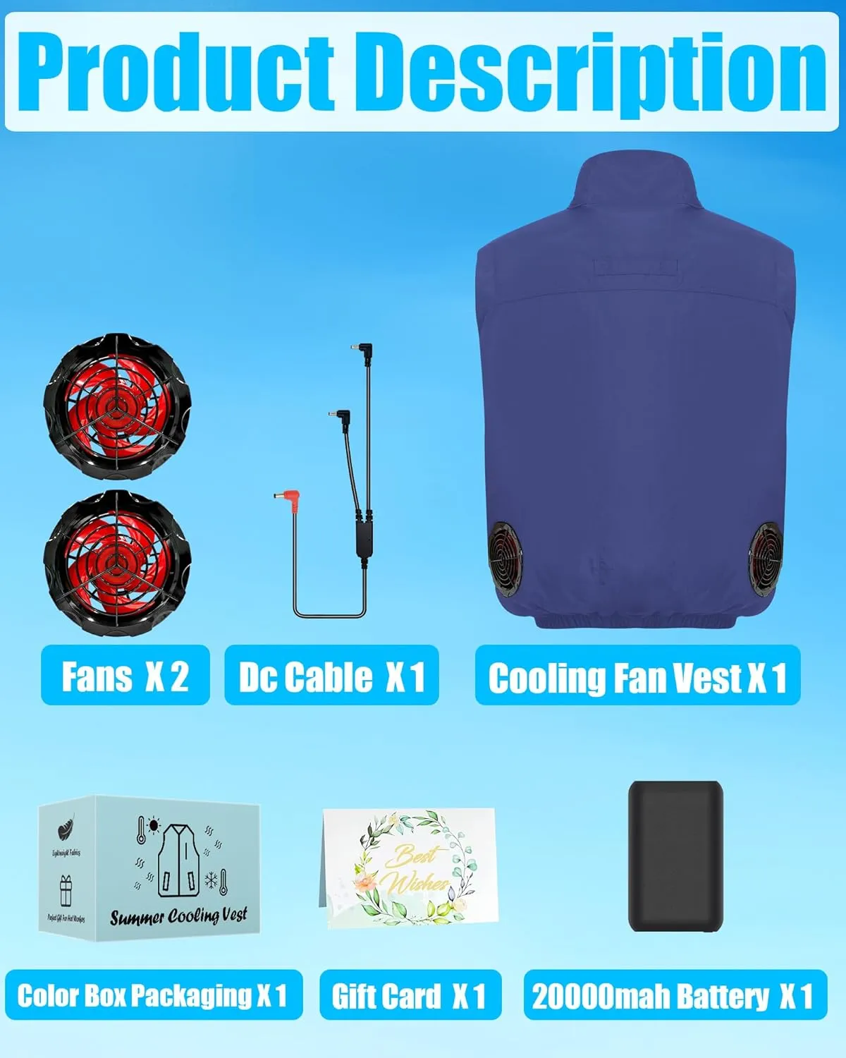 Work Cooling Vest Jacket with 2 Fans - Men and Women 21V Air Conditioner Lightweight Vests, With 20000mAh Battery