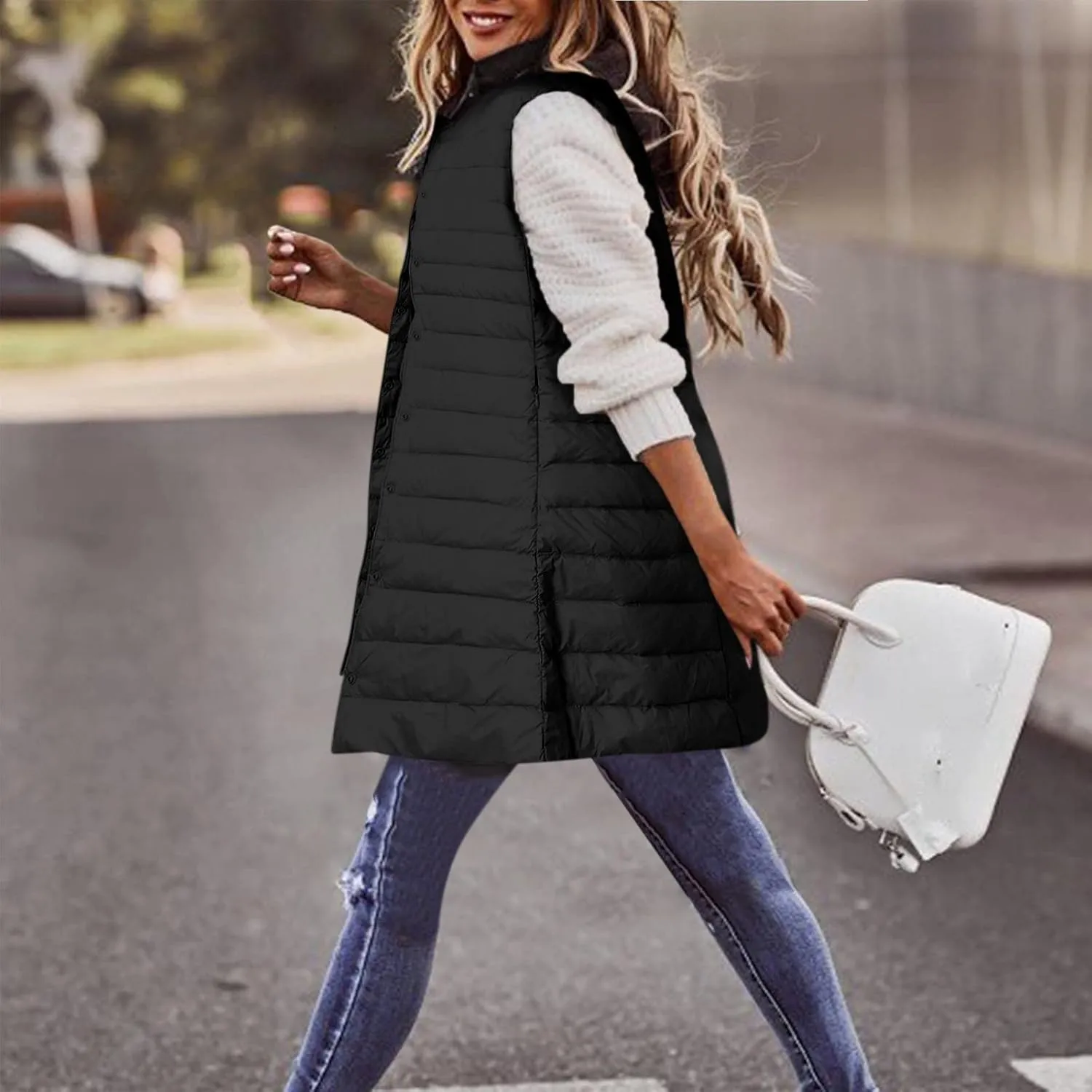 XIAOBU Quilted Jackets Women's Loose Mid-Length Vests Pocket Button Solid Thin Light Sleeveless Cotton Padded Coats