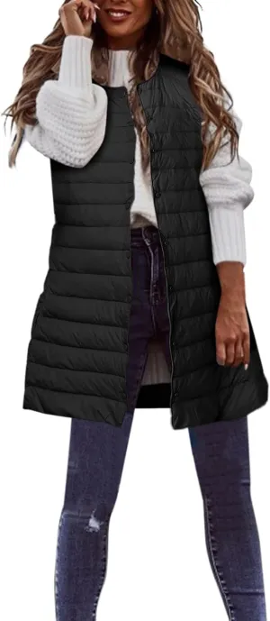 XIAOBU Quilted Jackets Women's Loose Mid-Length Vests Pocket Button Solid Thin Light Sleeveless Cotton Padded Coats