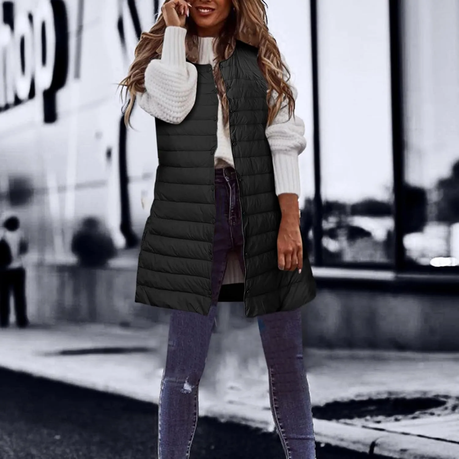 XIAOBU Quilted Jackets Women's Loose Mid-Length Vests Pocket Button Solid Thin Light Sleeveless Cotton Padded Coats
