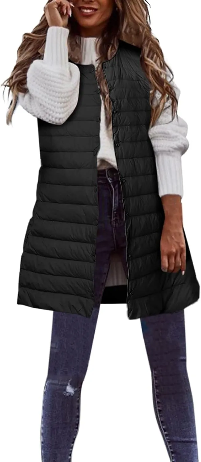 XIAOBU Quilted Jackets Women's Loose Mid-Length Vests Pocket Button Solid Thin Light Sleeveless Cotton Padded Coats