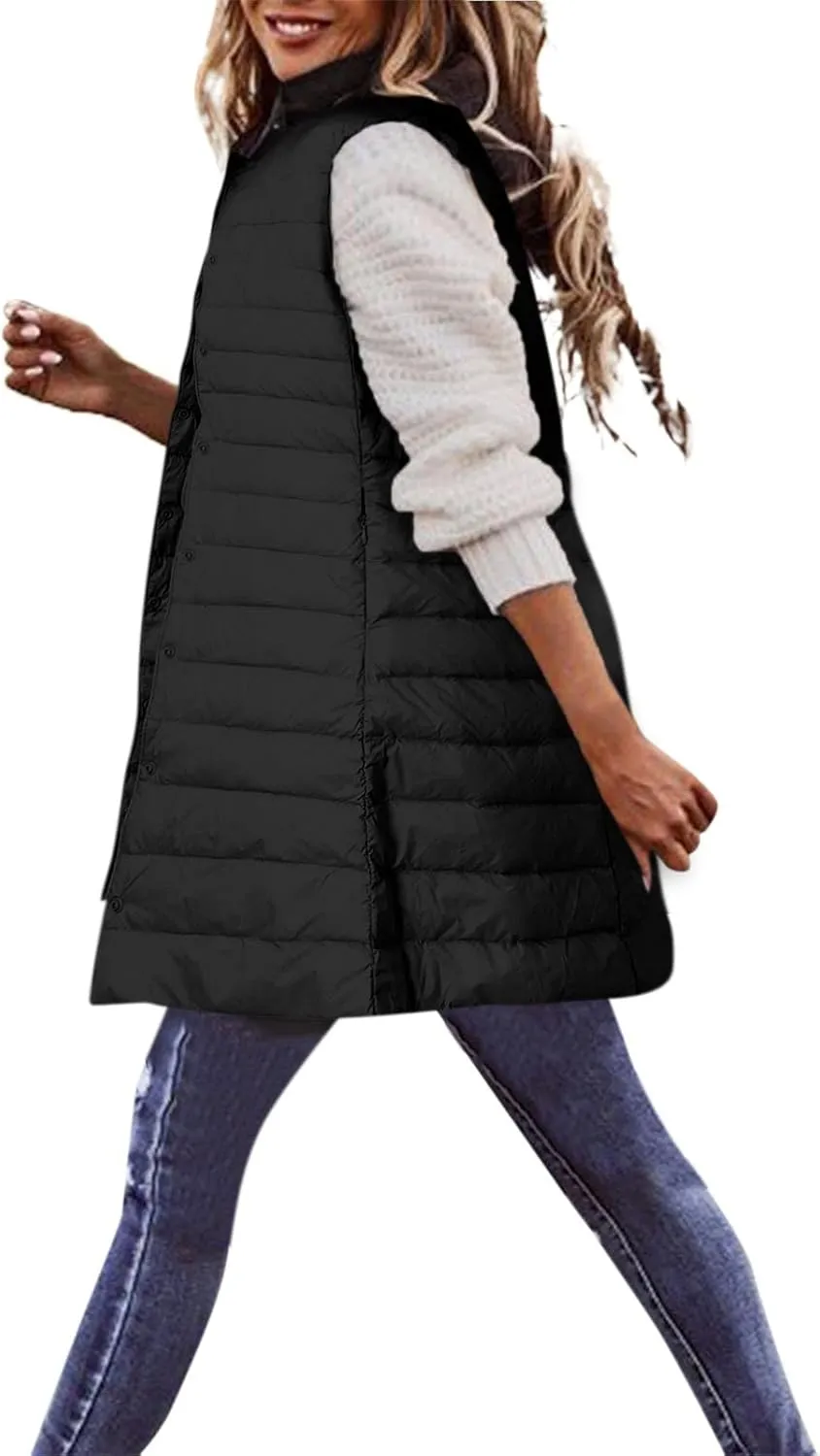 XIAOBU Quilted Jackets Women's Loose Mid-Length Vests Pocket Button Solid Thin Light Sleeveless Cotton Padded Coats