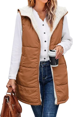 XIEERDUO Long Puffer Vest Women Outerwear Reversible Fleece 2024 Fall Winter Warm Sleeveless Zip Up Hoodie Coat with Pockets