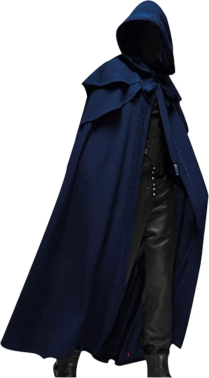 XUNRYAN Men's Renaissance Cloak Hooded Cardigan Long Cape Coat Retro Gothic Solid Cosplay Party Outfit Halloween Costume