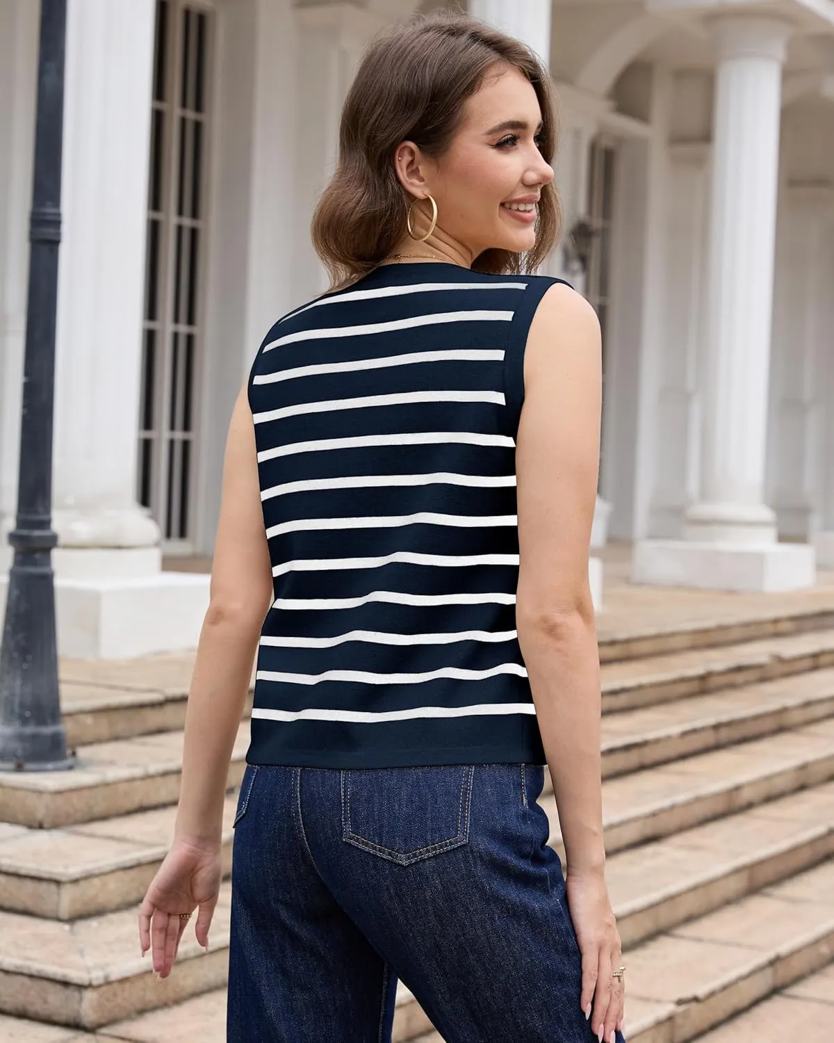 YAMANMAN Sweater Vest for Women Striped Knit Cropped Tank Tops Sleeveless Button Up Cardigan Sweater Vests 2024 Fashion