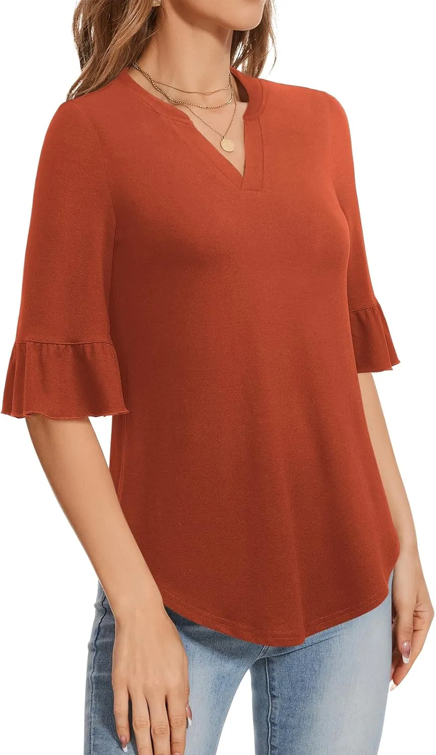 YATHON 3/4 Length Sleeve Womens Tops Dressy Casual Summer Shirts V Neck Bell Sleeve Floral Print Loose Ruffle Tunic Blouses