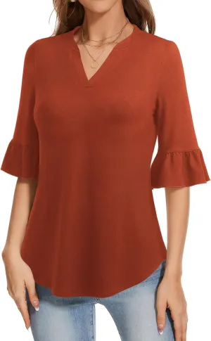 YATHON 3/4 Length Sleeve Womens Tops Dressy Casual Summer Shirts V Neck Bell Sleeve Floral Print Loose Ruffle Tunic Blouses