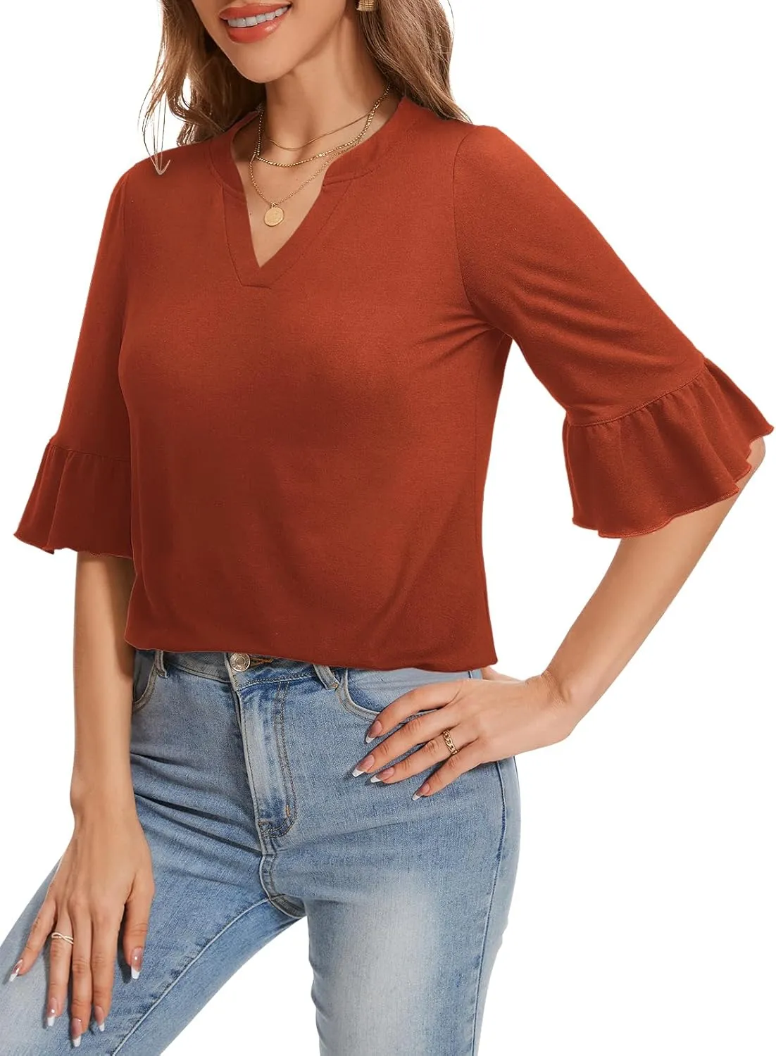 YATHON 3/4 Length Sleeve Womens Tops Dressy Casual Summer Shirts V Neck Bell Sleeve Floral Print Loose Ruffle Tunic Blouses